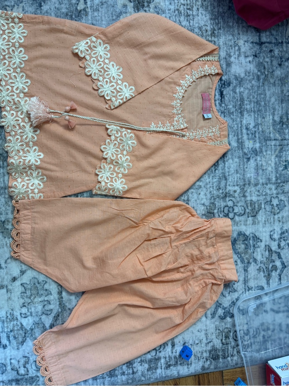 2-3 years Peach Girls' Matching Set with Ivory Floral Trim